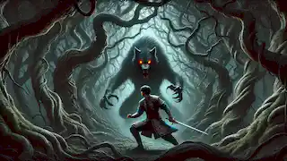 Er Tostik battles a monstrous black wolf in the shadowy Kara Zhalmau forest, sword in hand and determination on his face.