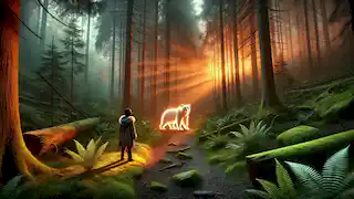 The glowing Spirit Bear walks along a forest path at dusk, observed by a young man standing in awe.