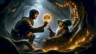 Finn holds up a glowing rune-etched coin in a darkened grove as the leprechaun points and explains its magical cost.