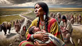 Cherokee women weeping and holding their children along the Trail of Tears.