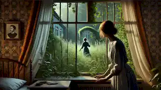 The woman peers through the barred window at a mysterious figure creeping in the garden below.