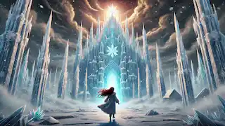 The girl approaches the North Wind's palace, made of towering ice crystals under a cold, dark sky.