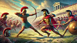 Paris and Menelaus face each other in a duel on the plains of Troy.