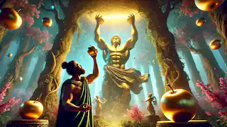 Heracles holds up the sky while Atlas presents the golden apples in a lush, mystical garden.