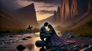 Leyla and Majid meet secretly by the river at dusk, sharing an embrace under the shadow of the towering cliffs.