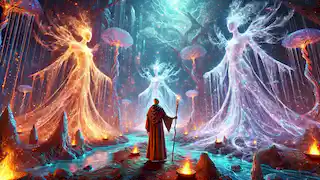 Eliar stands before glowing Loomweavers weaving cosmic threads in a vibrant crystalline forest of Kokultermyn.