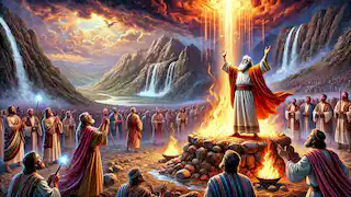 Elijah raises his arms to the sky in prayer, as fire from heaven descends upon the soaked altar on Mount Carmel.