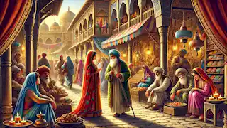 Scheherazade walking through the bustling marketplace, listening to the people's stories.