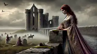 Aoife, dressed in luxurious medieval garments, sorrowfully gazes over a battlefield beside a stone fortress.