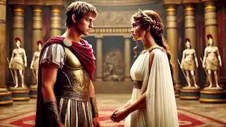 Paris of Troy meets Helen of Sparta inside Menelaus’s grand palace, their fates intertwined by destiny.