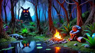 Mia sitting by a small campfire in the swamp at night, hearing the eerie call of the Bunyip with glowing eyes in the distance.