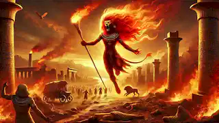 Sekhmet unleashes her wrath on an ancient Egyptian city with burning fields and a fiery sky.