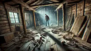 Kitchi stands inside an abandoned cabin, frozen in fear, as human bones lie scattered on the floor.