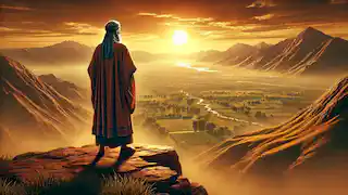  An older Jamshid stands atop a mountain, overlooking his recovering kingdom at sunset.