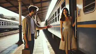 A couple boarding a weathered train at a rural station, with the man reaching out to the woman who stands near the door.