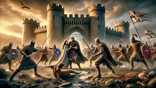 Naoise and his brothers defending Deirdre against Conchobar’s warriors at the gates of Emain Macha.