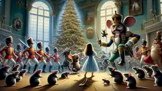 The Nutcracker leads toy soldiers against the Mouse King's army in a magical battle, with Marie poised to help