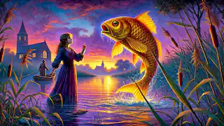 Leila standing by the river at twilight, calling to the magical fish leaping from the water in golden light.