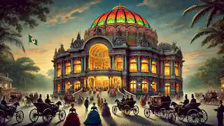 The completed Manaus Opera House during the height of the rubber boom, with wealthy citizens arriving by carriages.