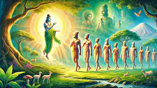 Brahma breathing life into the first humans, who stand surrounded by nature, rivers, and animals