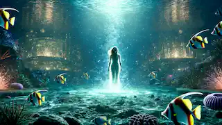 Adisa stands underwater in Mami Wata's realm, surrounded by shimmering fish and an ethereal underwater city.