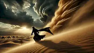  Dariush struggles against a massive sandstorm, shielding his face as the wind whips sand around him.