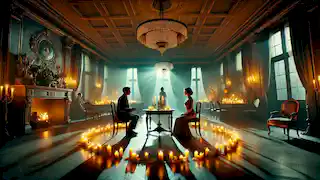 Emilia and Felix perform a séance in the mansion’s dining room as Lieselotte's spirit begins to materialize.