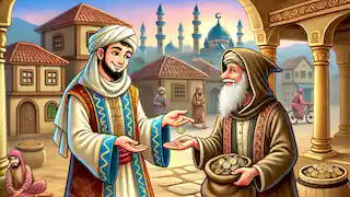 A wealthy merchant giving his last coin to a disguised Al-Khidr as a beggar, with the village in the background and a relieved expression on the merchant's face.