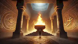 The interior of the Fire Temple, with an eternal flame burning in a large brazier, casting shadows on the walls.