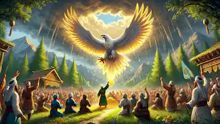 The grey eagle soars over Chaghan’s sacred grove as Aibek places the Soul Feather on an altar amid celebrating villagers.