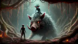 Tiago meets the Caipora spirit in a dimly lit grove, standing on a wild boar with glowing red eyes.