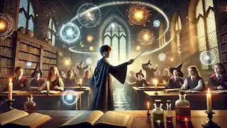 Young wizards practicing spells in a vibrant classroom filled with books, potions, and magical symbols.