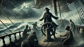 Captain van der Decken grips the ship’s wheel as the crew pleads with him during an approaching storm.