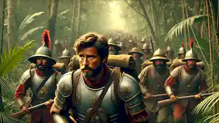 Spanish conquistadors in armor navigate the thick jungle in search of Vilcabamba, determined expressions on their faces.