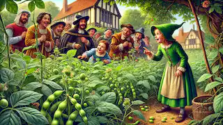 The green children excitedly recognize broad beans in the garden while Sir Richard and villagers watch in surprise.