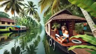 Kim on a houseboat in Kerala's backwaters, surrounded by lush greenery and coconut palms.