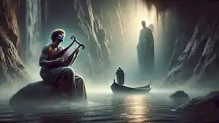 Orpheus playing the lyre by the misty River Styx as Charon listens.