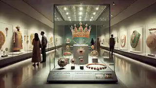 A modern museum display showcasing Sassanid artifacts like the recreated Kiani Crown and gemstone-adorned treasures.