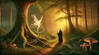 Eldrin walks along a peaceful forest path, with Lyra's glowing ethereal presence watching over him from behind.