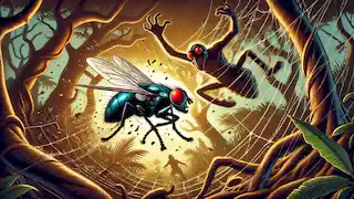 The fly breaks free from Anansi's web as he looks frustrated in a wind-swept forest.