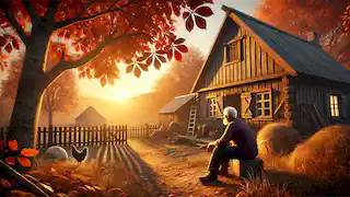 Older Jacob sitting on his porch at sunset, reflecting on life, surrounded by autumn leaves and farm animals.