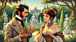 Madame L'Espanaye explains a mystery to Dupin in the Jardin des Tuileries.