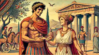 Pelops and Hippodamia celebrating their victory after the race, standing together in an ancient Greek setting.