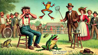 Jim Smiley’s frog, Dan’l Webster, fails to jump as the stranger’s frog leaps high in the air, with a crowd watching