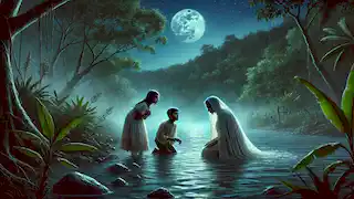 La Llorona at the riverbank with her children, moments before the tragic event, under a moonlit sky.