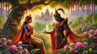 Sita sits in Ashoka Vatika under a large tree, while Ravana stands before her in demon armor.