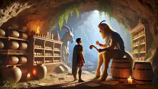 Chiron mentors a young hero in his cave sanctuary surrounded by scrolls, herbs, and soft sunlight streaming in.