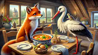 The fox inviting the stork to dinner, serving soup in shallow bowls.