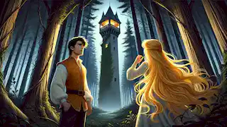 A prince looking up at a tower as Rapunzel lets down her golden hair in a moonlit forest.