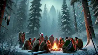  Native American tribespeople huddle around a small fire in a snowy wilderness, nervously glancing into the dark forest.